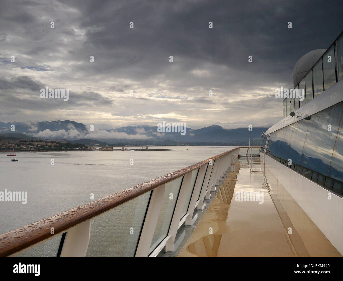 A cruise ship at sea on a rainy day with wet decks and low cloud Stock ...