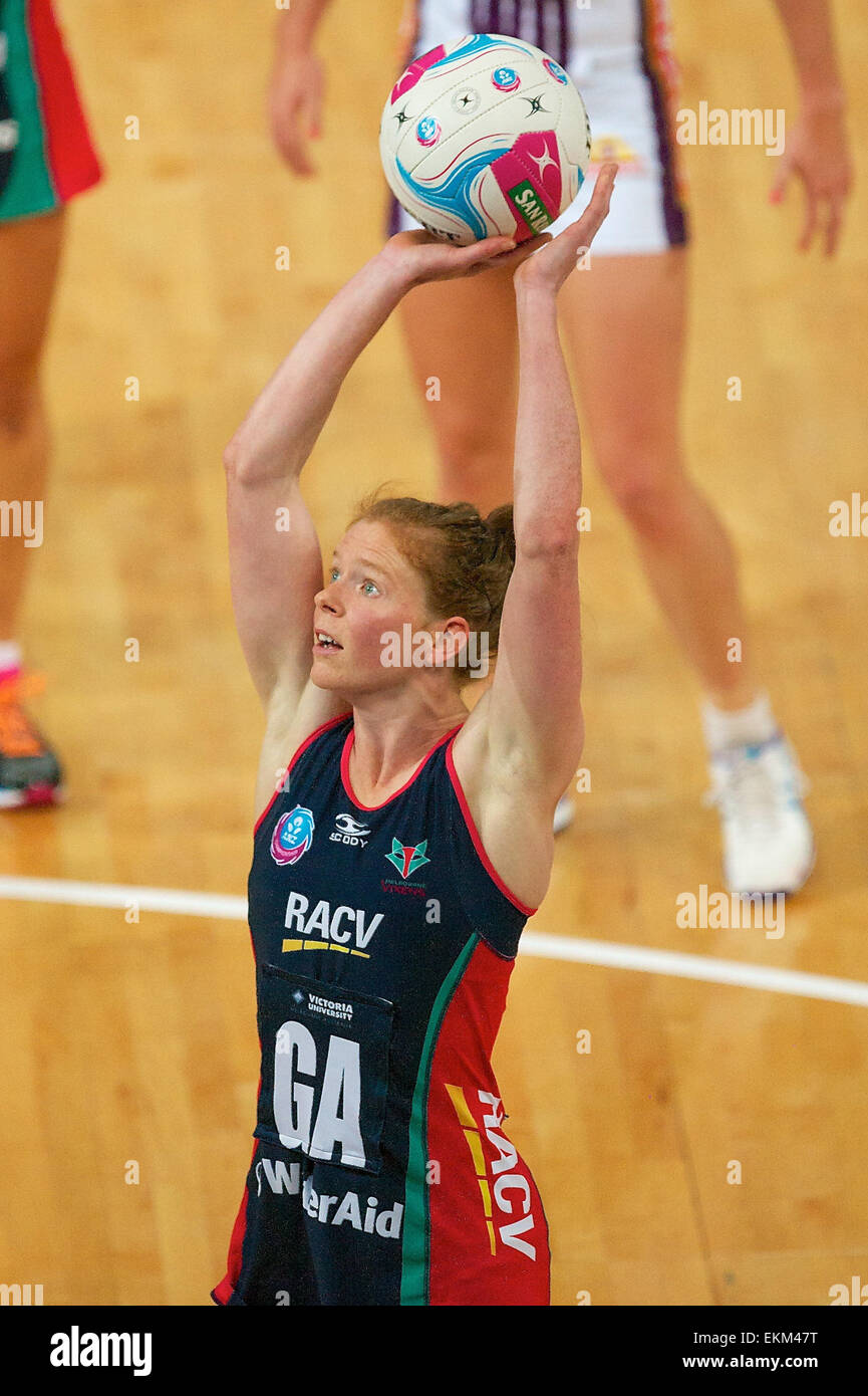 Melbourne, Victoria, Australia. 12th Apr, 2015. TEGAN PHILIP of the Melbourne Vixens shoots for goal during the 2015 ANZ Championship Netball game between the Melbourne Vixens and the QLD Firebirds at Hisense Arena. The QLD Firebirds beat the Melbourne Vixens 55-48 Credit:  Tom Griffiths/ZUMA Wire/Alamy Live News Stock Photo