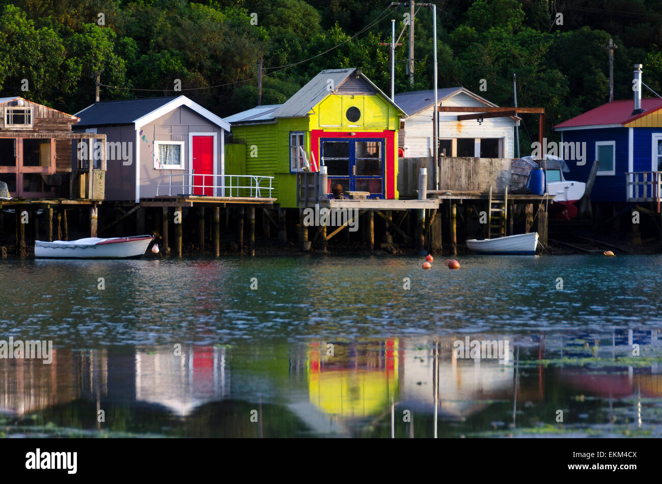 Boat sheds, Camborne, Pauatahanui Inlet, Porirua, Wellington, North Island, New Zealand Stock Photo