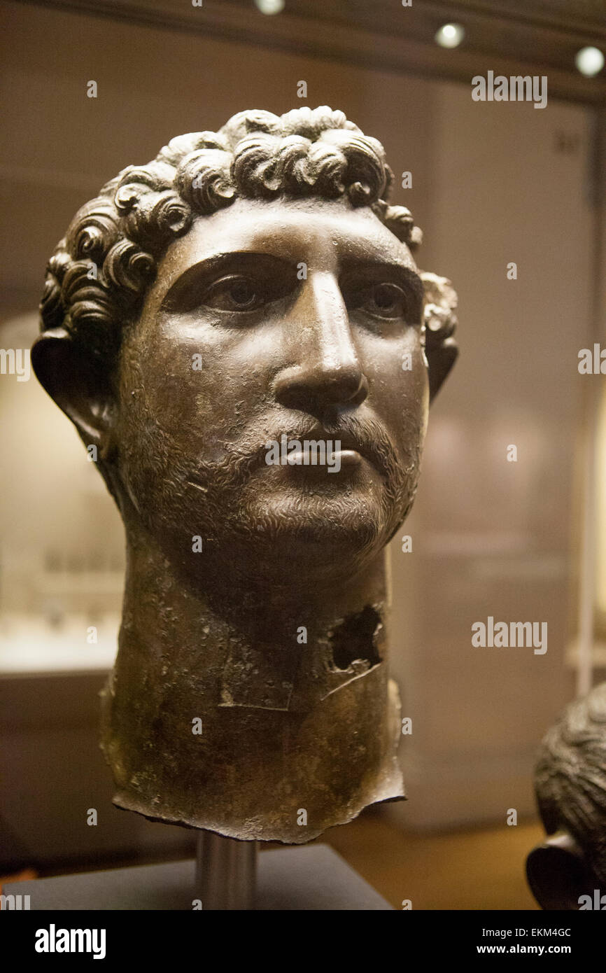 A bronze head from a statue of the Emperor Hadrian AD 117-138 in the British Museum, London. It was found in the River Thames in 1834 Stock Photo