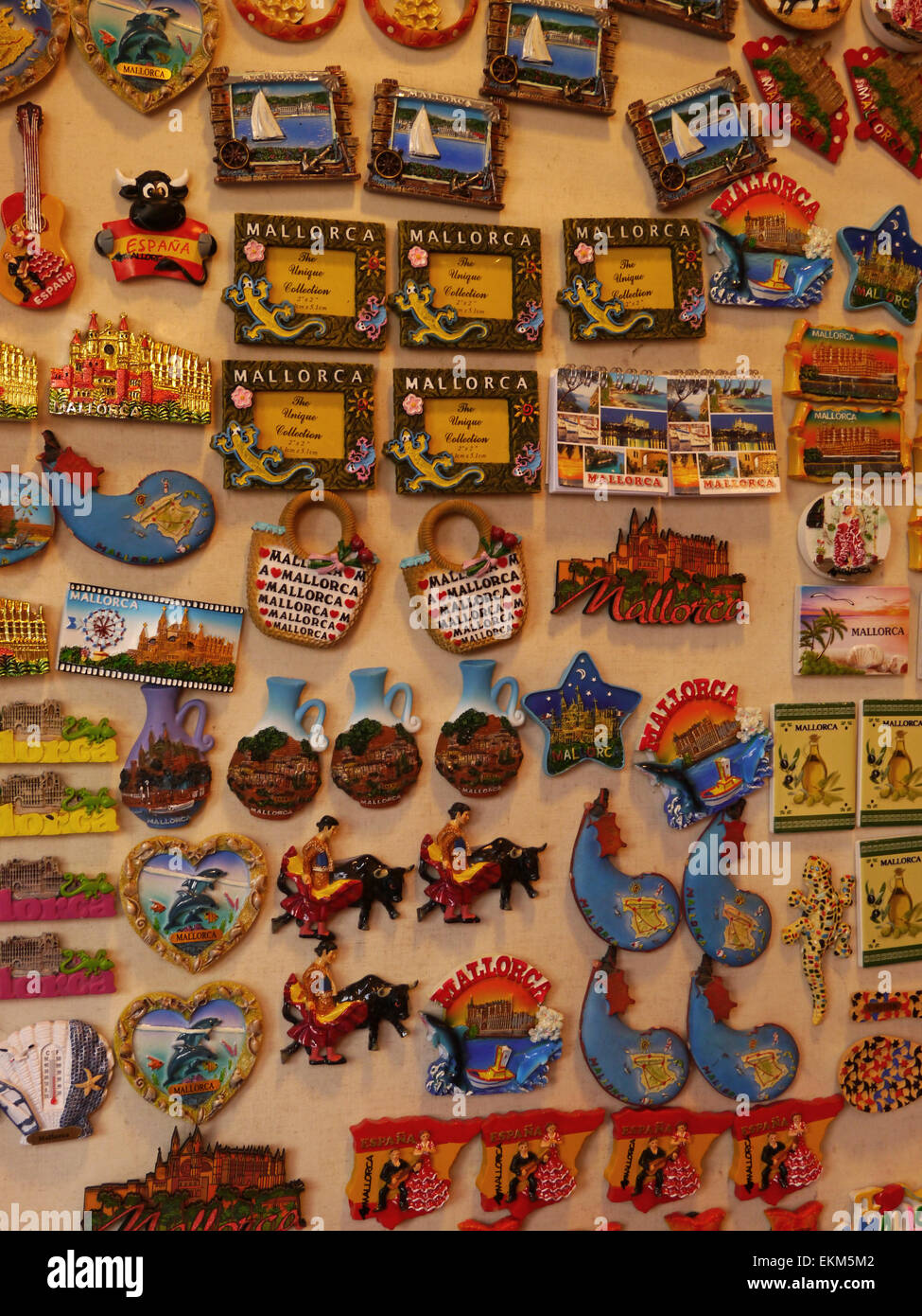 A selection of fridge magnets in a tourist shop in Majorca Stock Photo