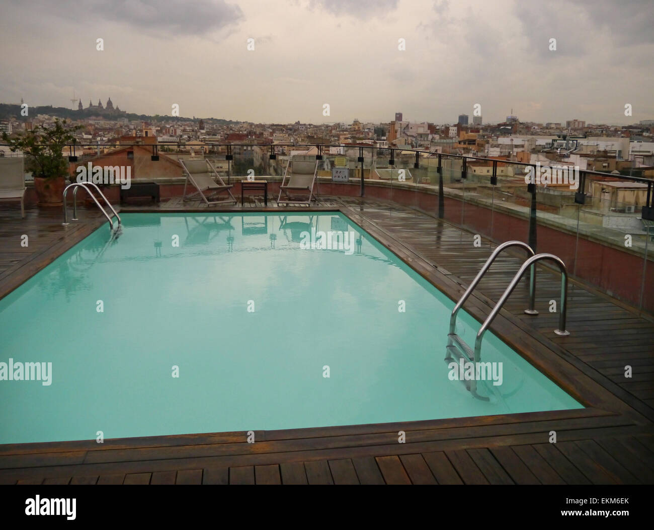 Rooftop swimming pool of the Hotel 1898 in Barcelona, on a rainy day