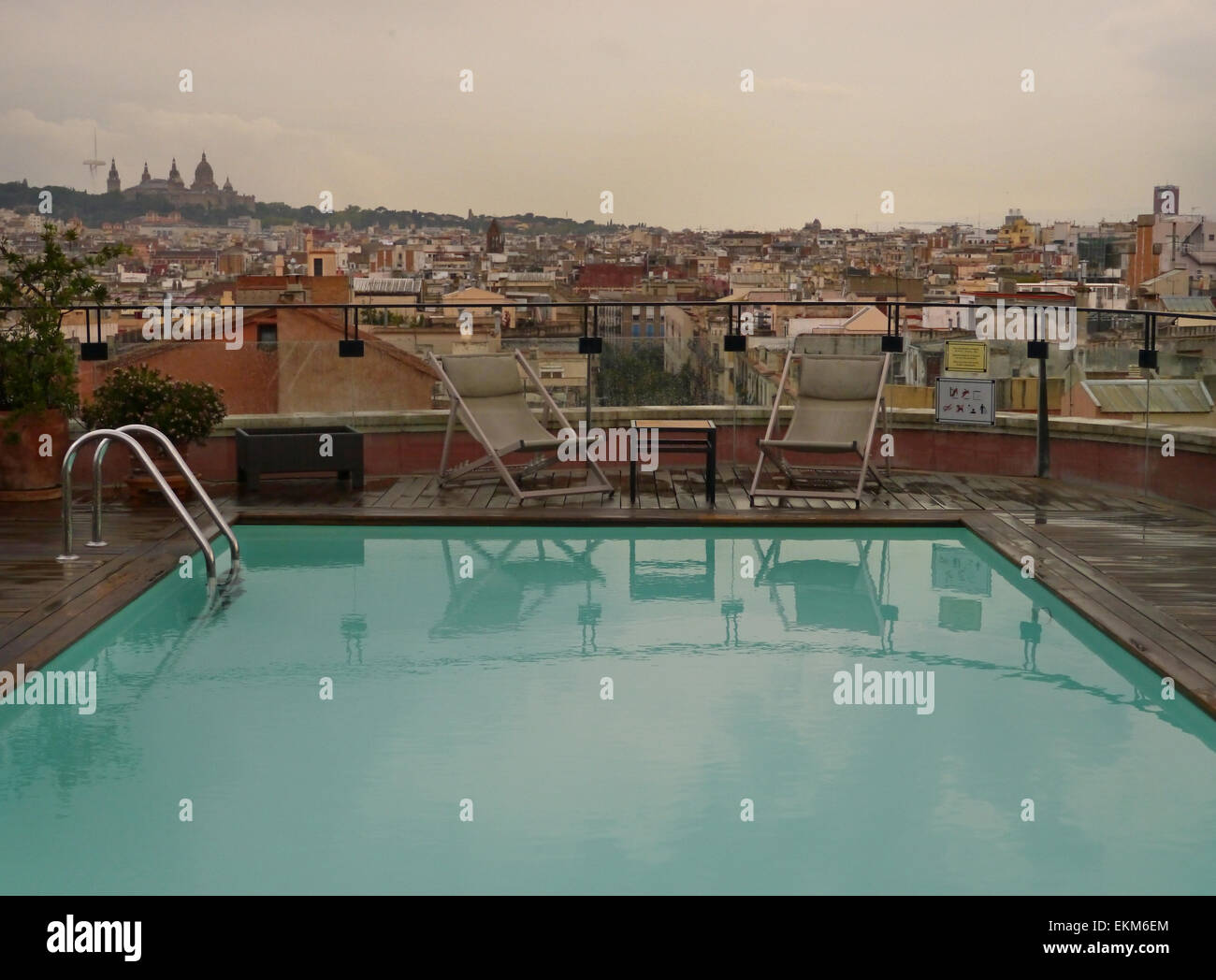 Rooftop swimming pool of the Hotel 1898 in Barcelona, on a rainy day