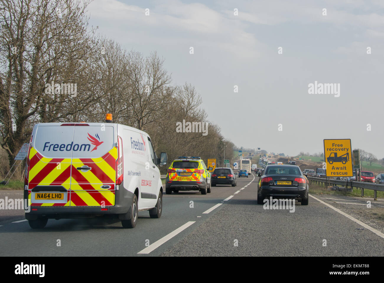 A1 MOTORWAY NEAR SCOTCH CORNER, ENGLAND, UK - 7 APRIL 2015: driving by queuing traffic heading North Stock Photo