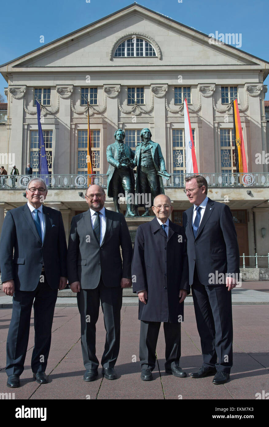 Weimar, Germany. 12th Apr, 2015. Former Dutch prisoner of Buchenwald, Zoni Weisz (L-R), Martin Schulz, President of the European parliament, Former prisoner of Buchenwald, Bertrand Herz, and Bodo Ramelow (Die Linke), Thuringia's gorvernor, pose in the margins of a commemmoration event in the German National Theatre in Weimar, Germany, 12 April 2015. On 11 April 1945, US troops arrived at the camp which held 21,000 prisoners. Photo: SEBASTIAN KAHNERT/dpa/Alamy Live News Stock Photo