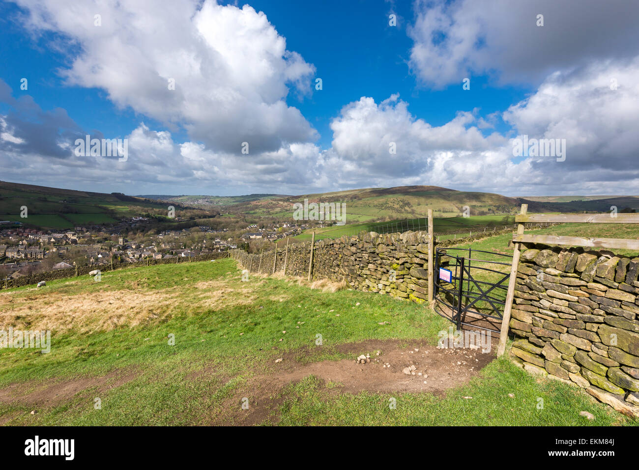 Kissing gate on a footpath above the village of Hayfield in Derbyshire. Popular walking and cycling route. Stock Photo