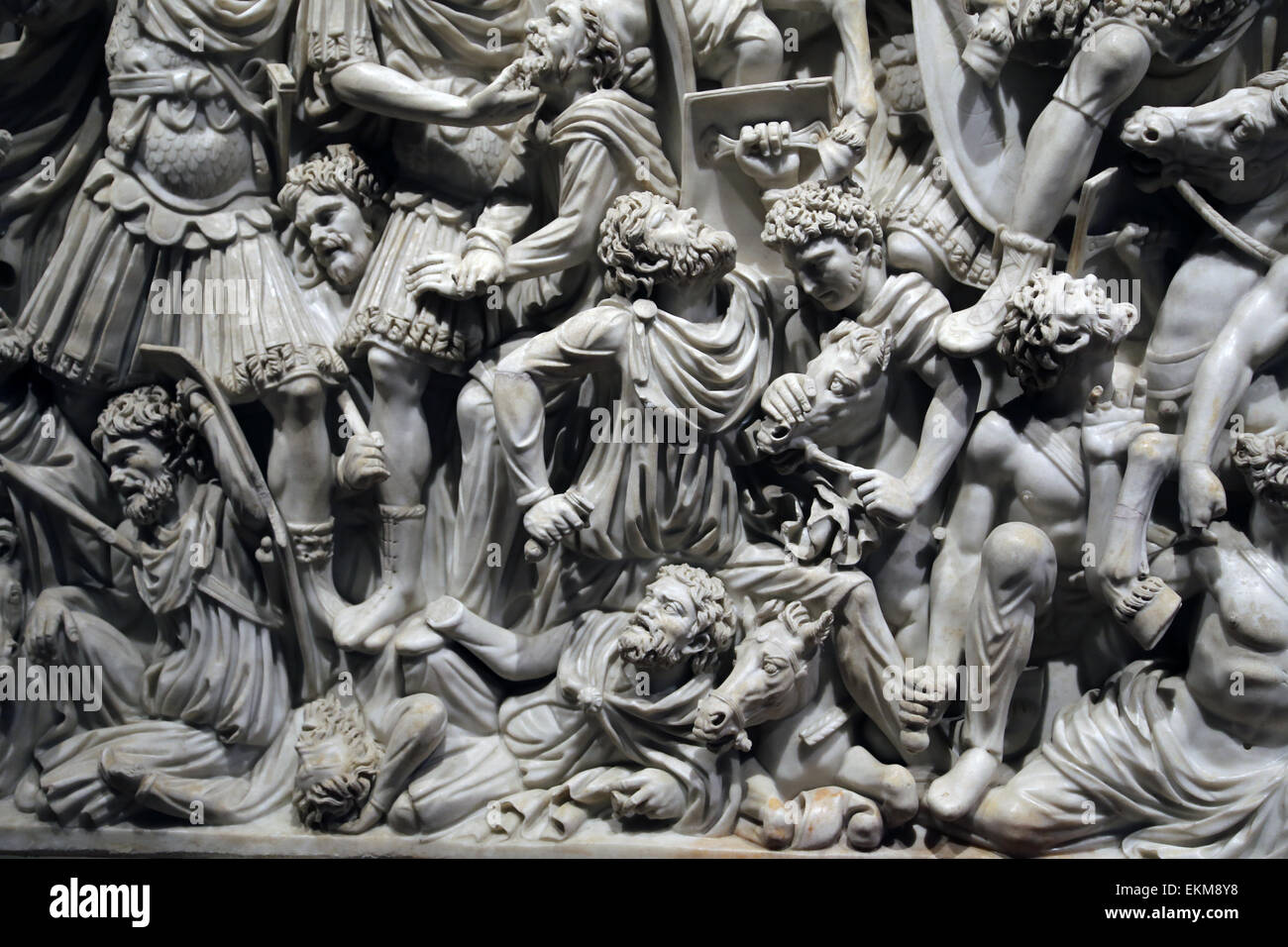 Ludovisi Battle sarcophagus. 3rd c. Roman. Battle scene between Romans and Goths. Barbarian warriors defeated. Altemps Palace. Stock Photo