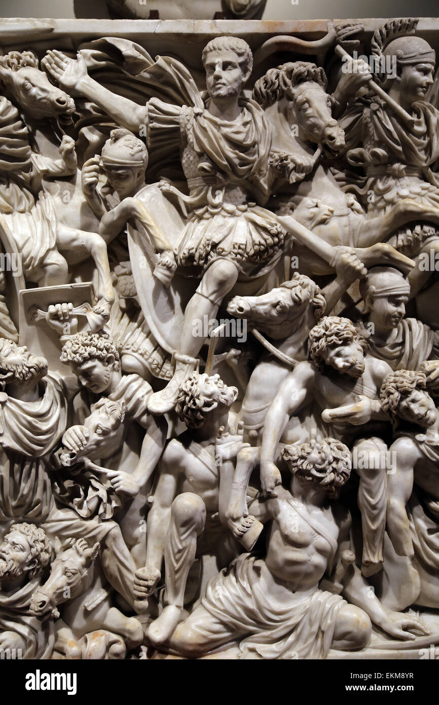 Ludovisi Battle sarcophagus. 3rd c. Roman. Battle scene between Romans and Goths. In the center with horse Hostilian. Stock Photo