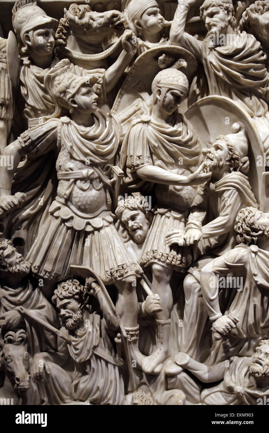 Ludovisi Battle sarcophagus. 3rd c. Roman era. Battle scene between Romans and Goths. National Museum of Rome. Altemps Palace. Stock Photo