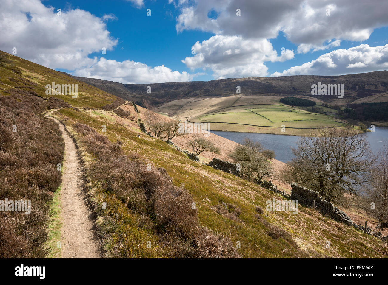 Footpath above Kinder reservoir in the Peak District with views to Kinder Scout. Stock Photo