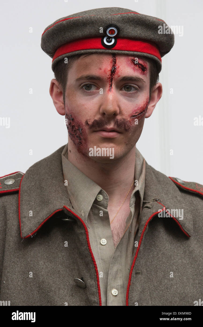 London, UK. 12 April 2015. A model with special effects makeup wounds from  the First World War. United Makeup Artists Expo (UMAe), the UK's leading  aspiring and professional hair and makeup artist