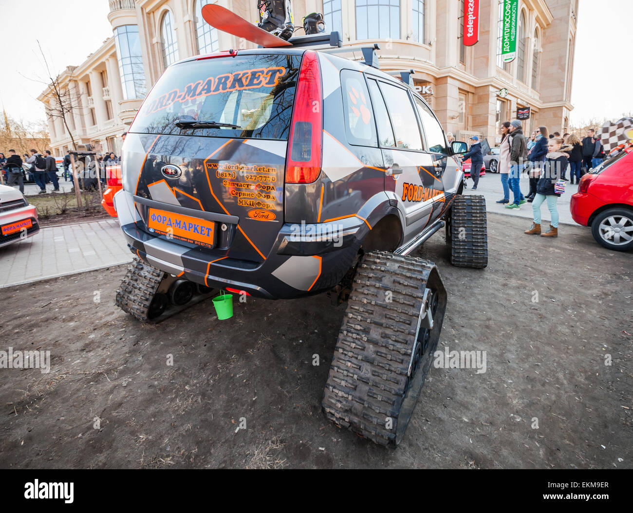 Saint-Petersburg, Russia - April 11, 2015: All-terrain cross-country vehicle on tracks based on European modification of Ford Fu Stock Photo