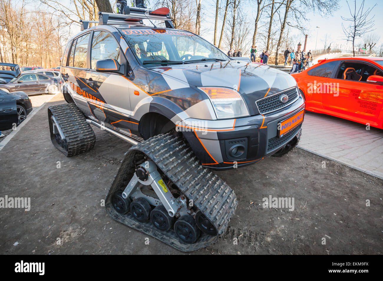 Saint-Petersburg, Russia - April 11, 2015: All-terrain cross-country vehicle on tracks based on European modification of Ford Stock Photo