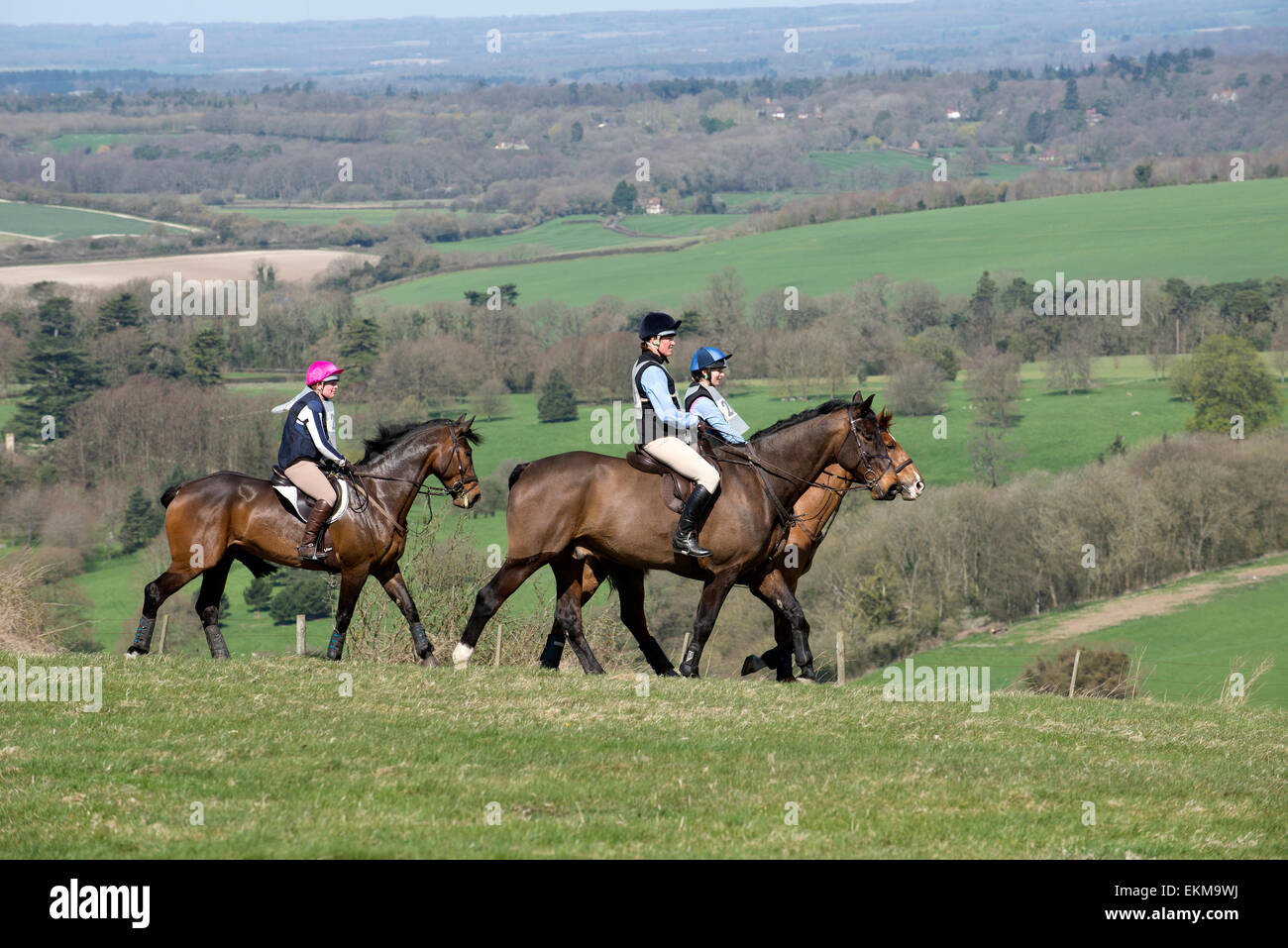 Riders taking part in the Kingsclere Fun Ride at Whitehill in the high northern Hampshire countryside England UK. Stock Photo