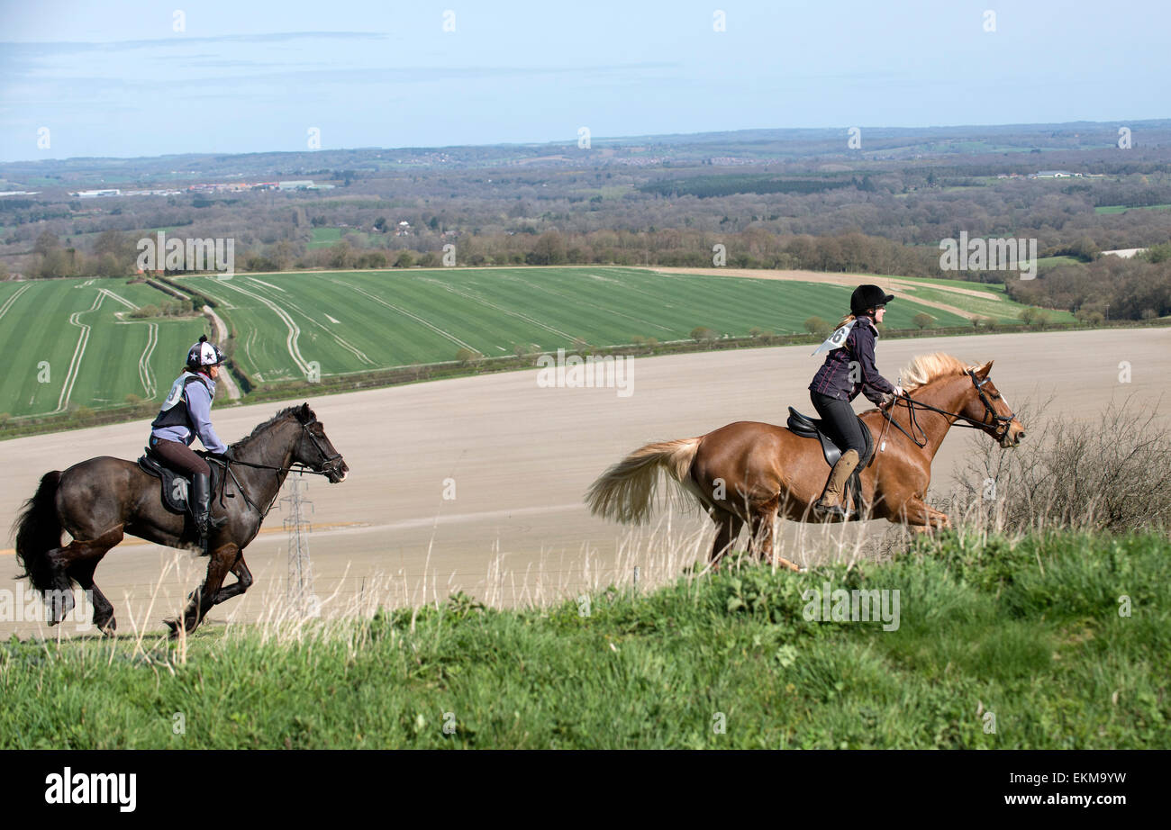 Riders taking part in the Kingsclere Fun Ride at Whitehill in the high northern Hampshire countryside England UK. Stock Photo