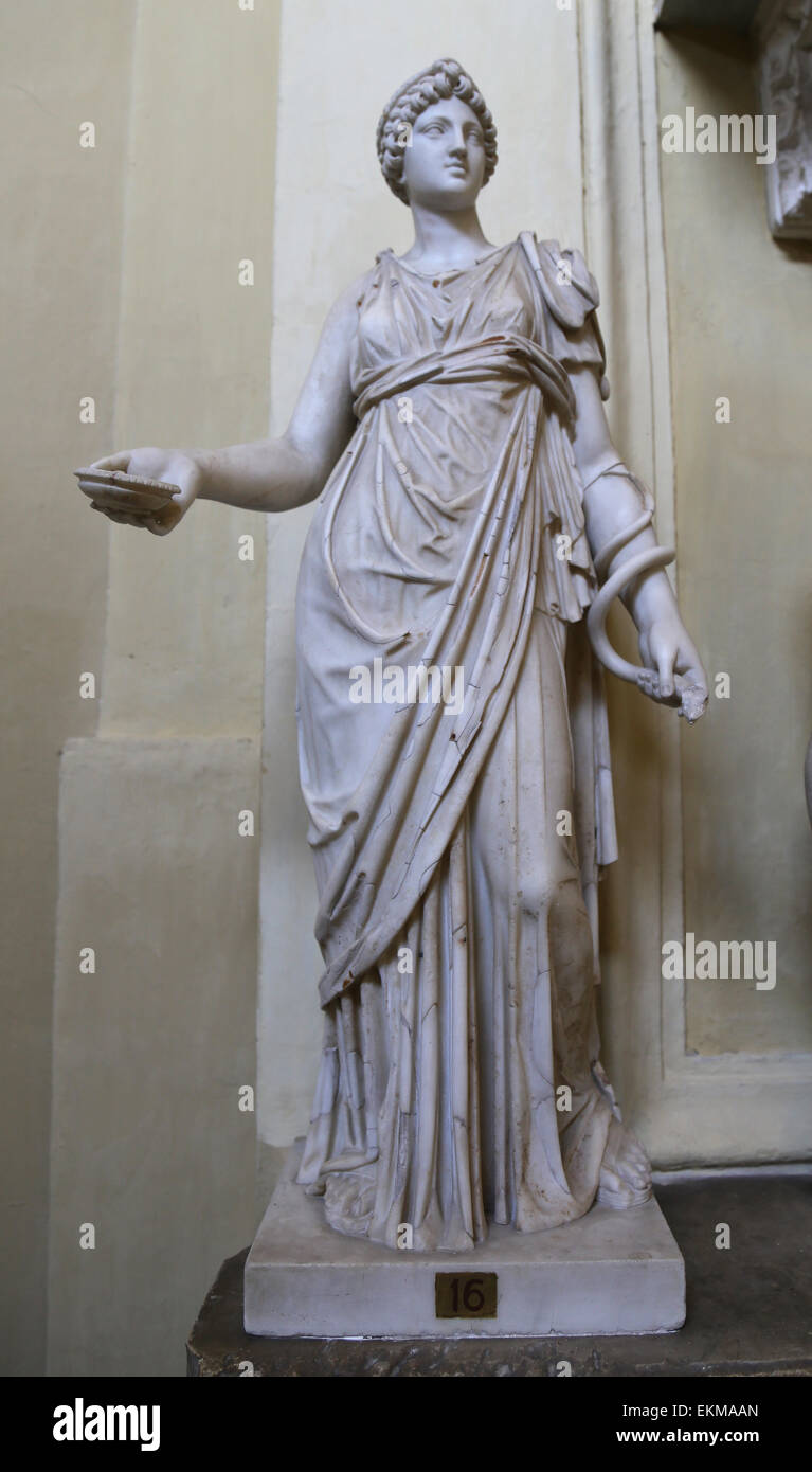 Statue of Hygieia. Body is a copy of a style of statuary used in 2nd C. BC. Head and arms are the resulto of restoration work. V Stock Photo