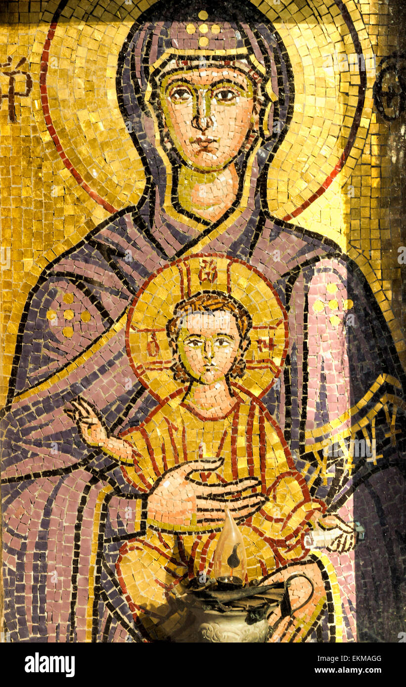 Magnificent religious mosaic of the Virgin Mary with Jesus at a convent, Heraklion region, on the island of Crete, Greece. Stock Photo