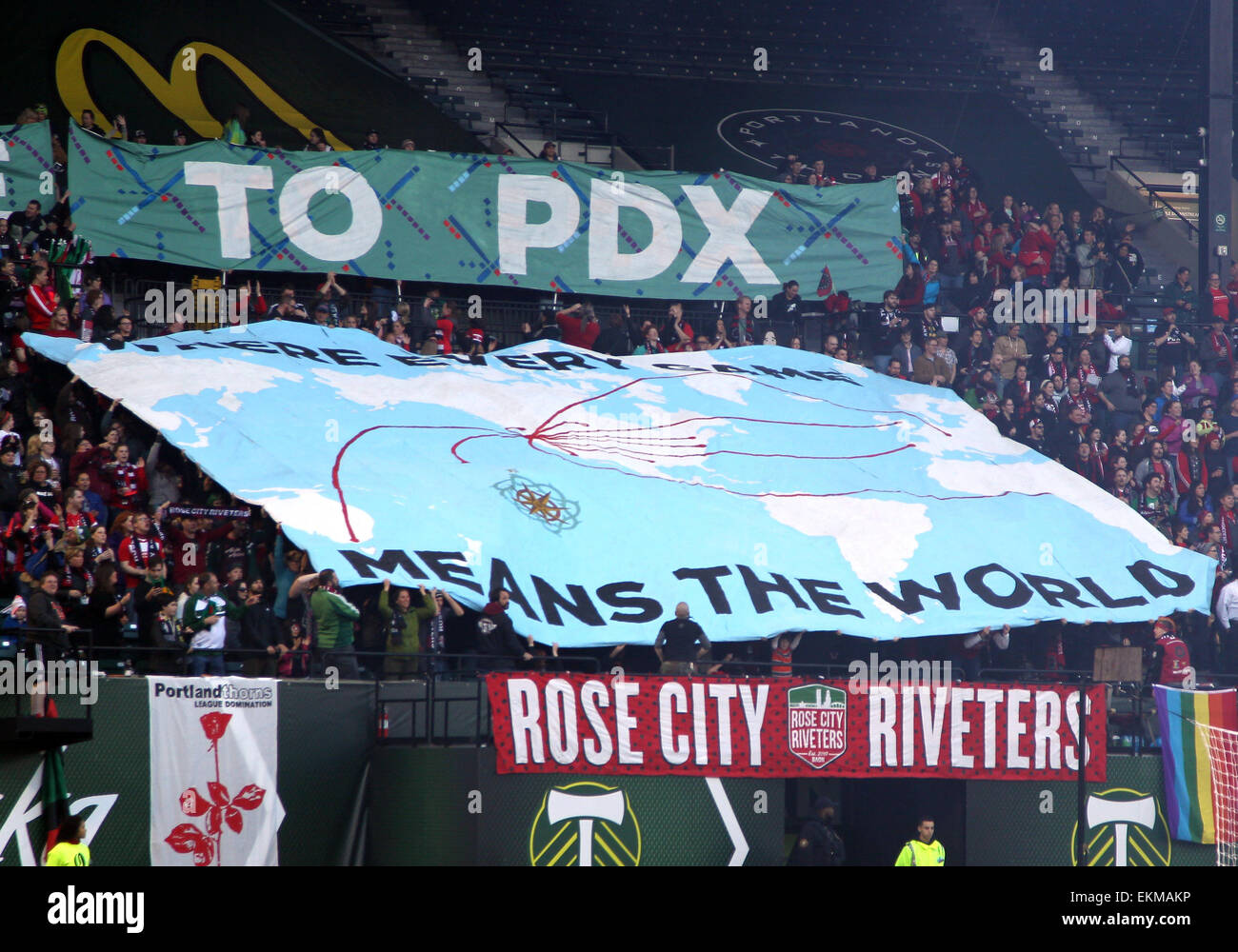 April 12, 2015: Portland Thorns fans display a tifo stating their love for their team prior to the NWSL action between the Boston Breakers and Portland Thorns at Providence Park, Portland, OR Stock Photo