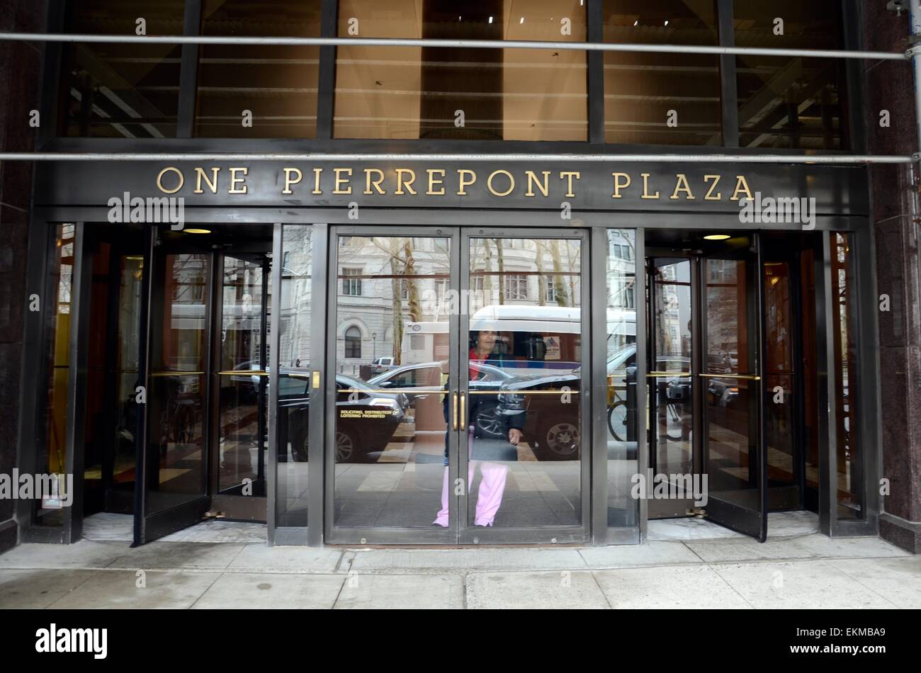 Entrance of One Pierrepont Plaza in New York, the office building where