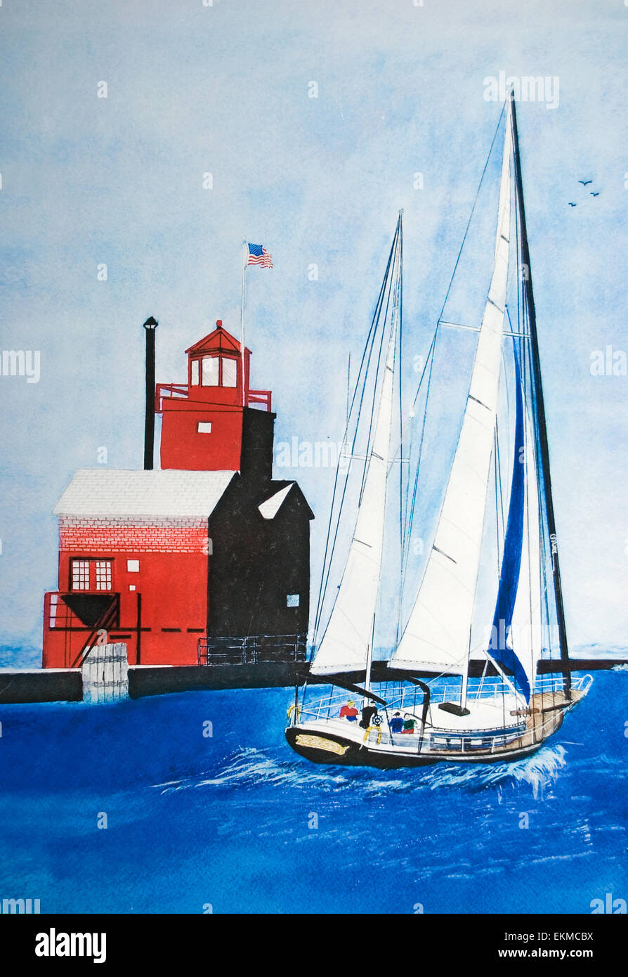 Watercolor painting of sailboat with red lighthouse. Stock Photo