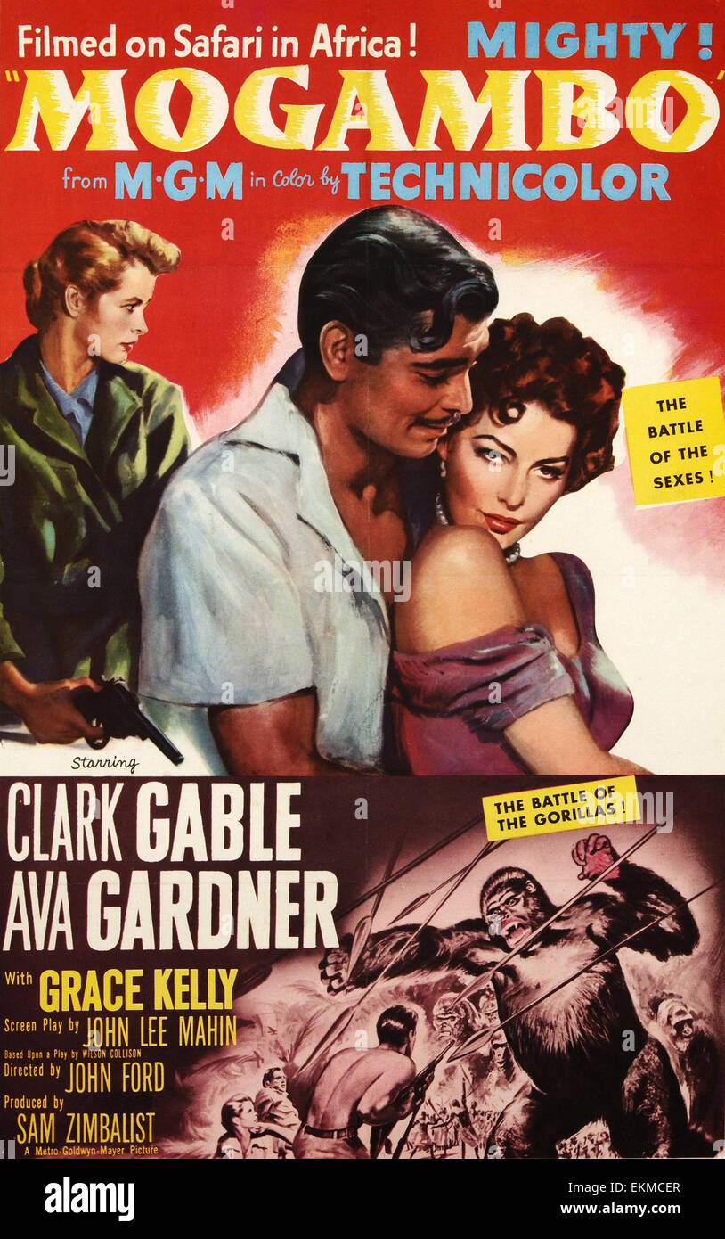 Old movie poster of 'Mogambo' a 1953 American adventure romantic drama film directed by John Ford and starring Clark Gable, Ava Gardner and Grace Kelly Stock Photo