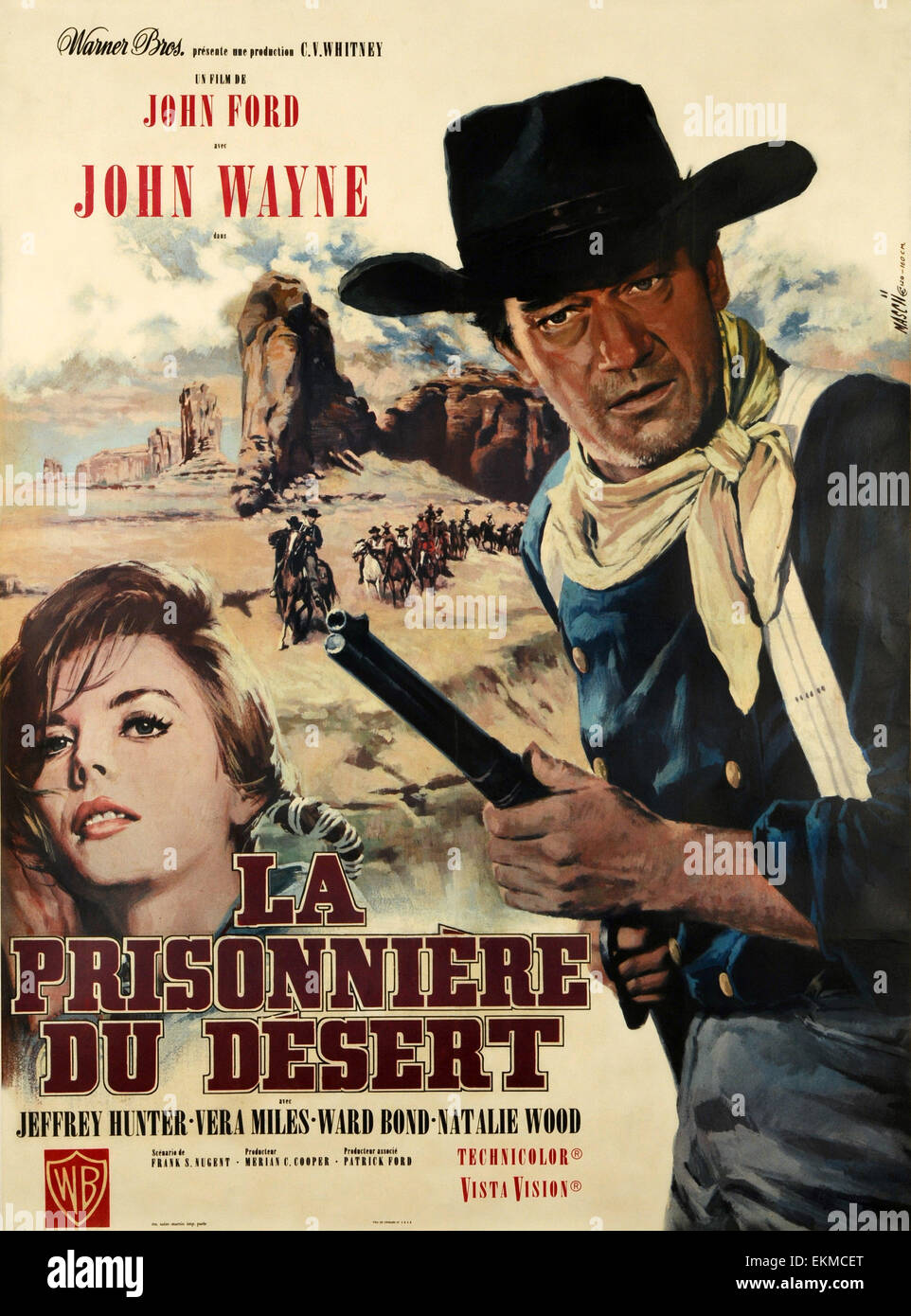 Old French movie poster of 'The Searchers' a 1956 American Technicolor VistaVision Western film directed by John Ford and starring John Wayne Stock Photo