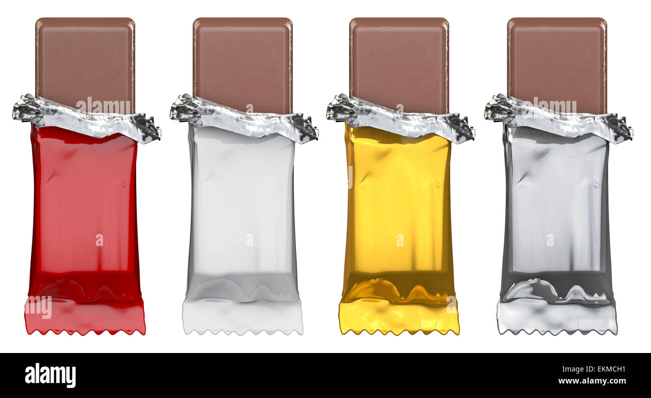 3D render of candy bars with blank red, white, gold and silver wrappers Stock Photo