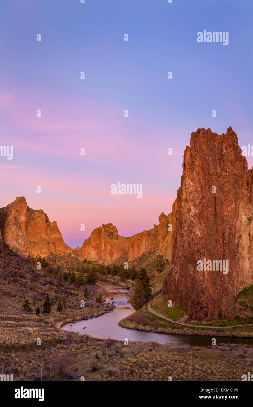 Smith Rock, Asterisk Pass and the Crooked River at dawn; Smith Rock State Park, central Oregon. Stock Photo