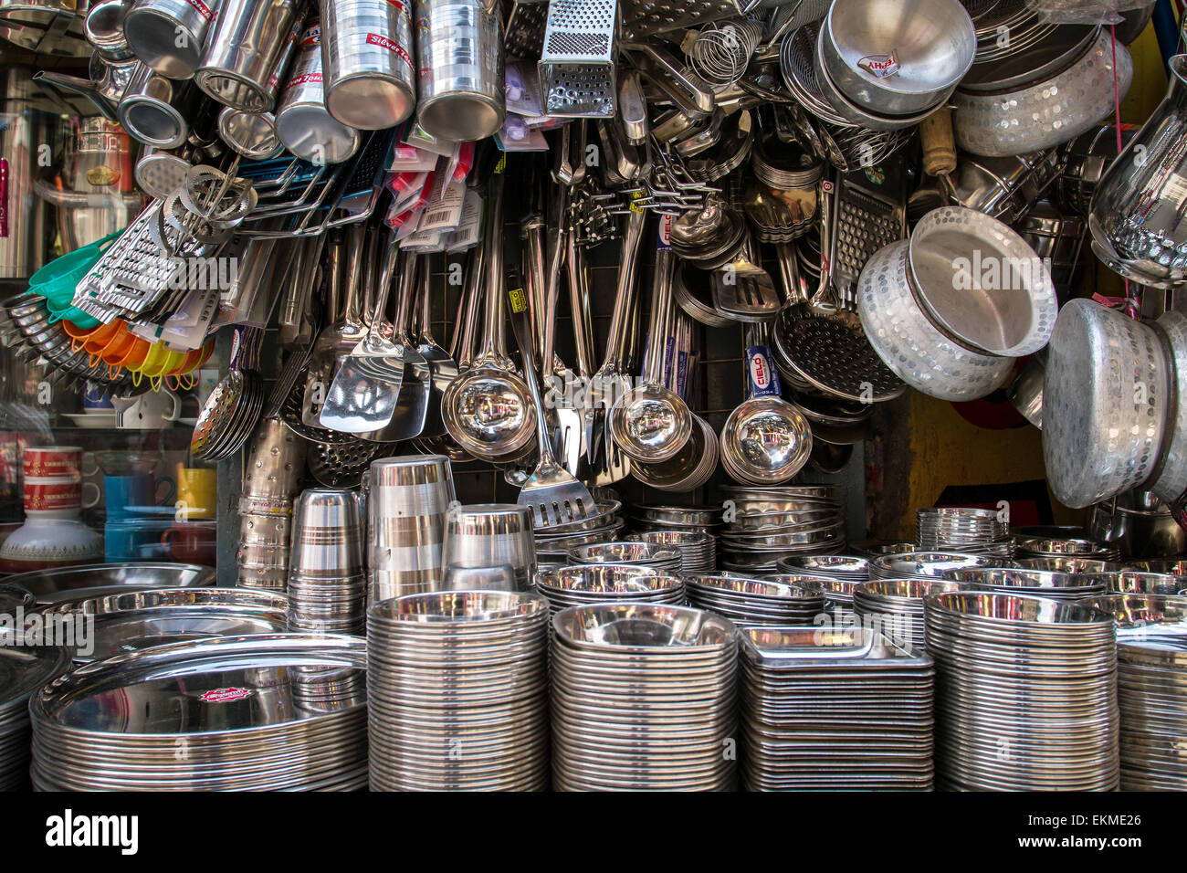 Stainless steel utensil on the market in India Stock Photo
