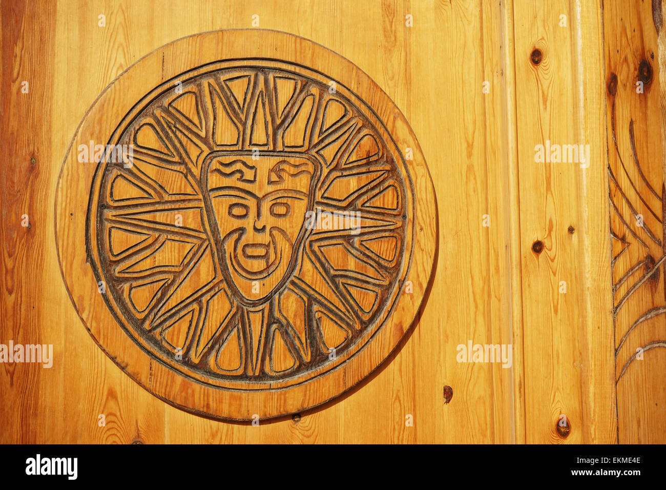 God of Sun KonTiki. Image on the wooden door. Carving. Dahab. South