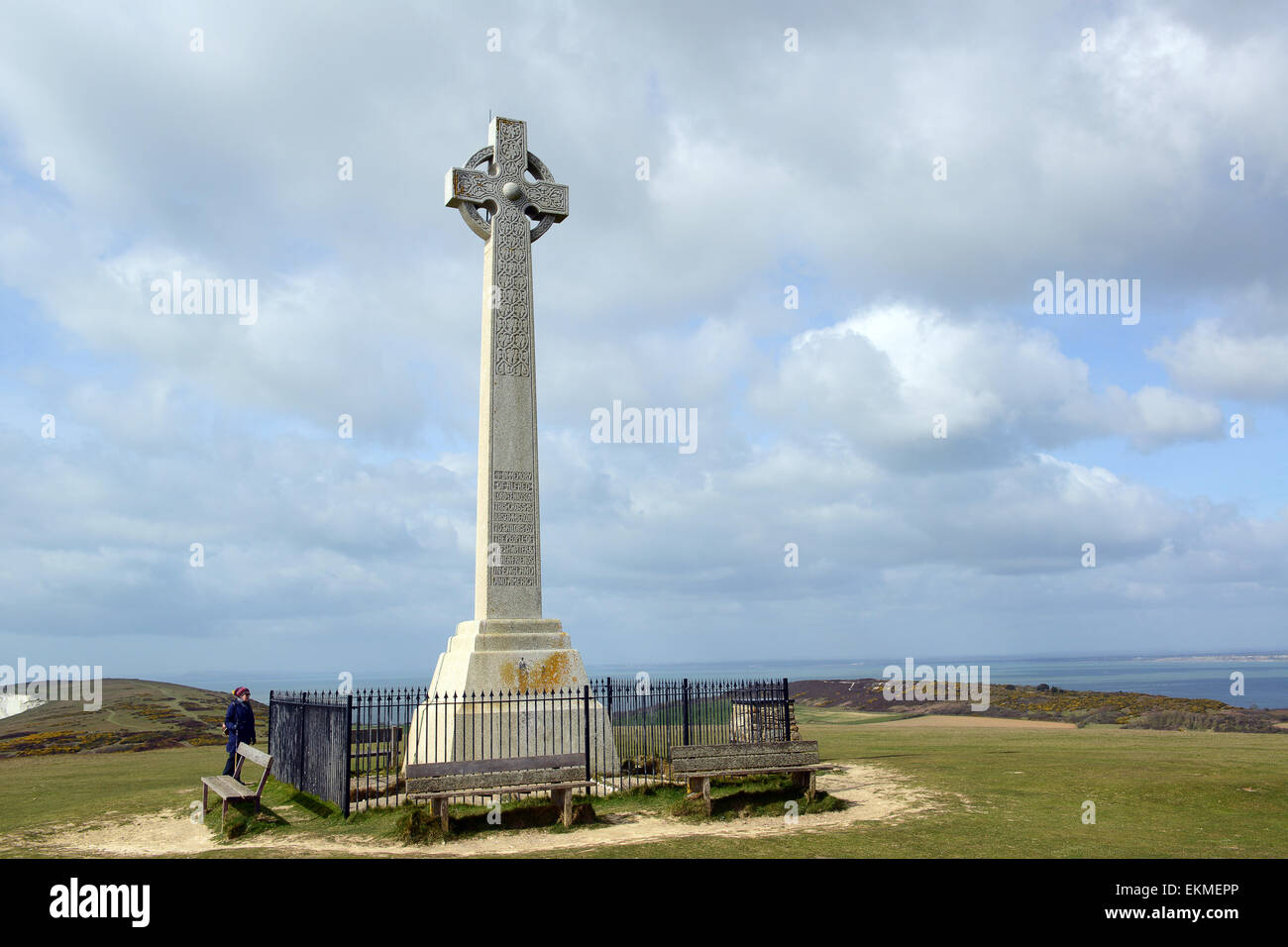 Isle of Wight coastal coast path walk walks on Tennyson Down memorial cross to Alfred Lord Tennyson Stock Photo
