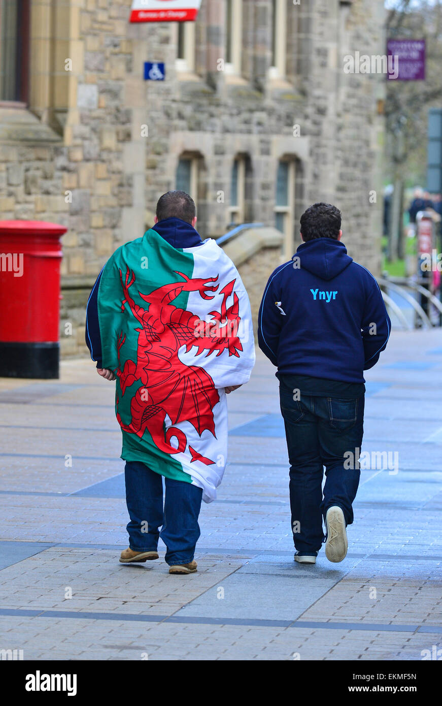 Man wrapped in the national flag of Wales at the Pan Celtic Nations International festival in Derry, Londonderry Stock Photo
