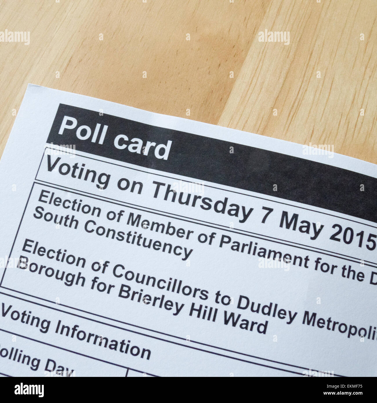 Poll Card for the UK General Election 2015 Dudley South Constituency Stock Photo