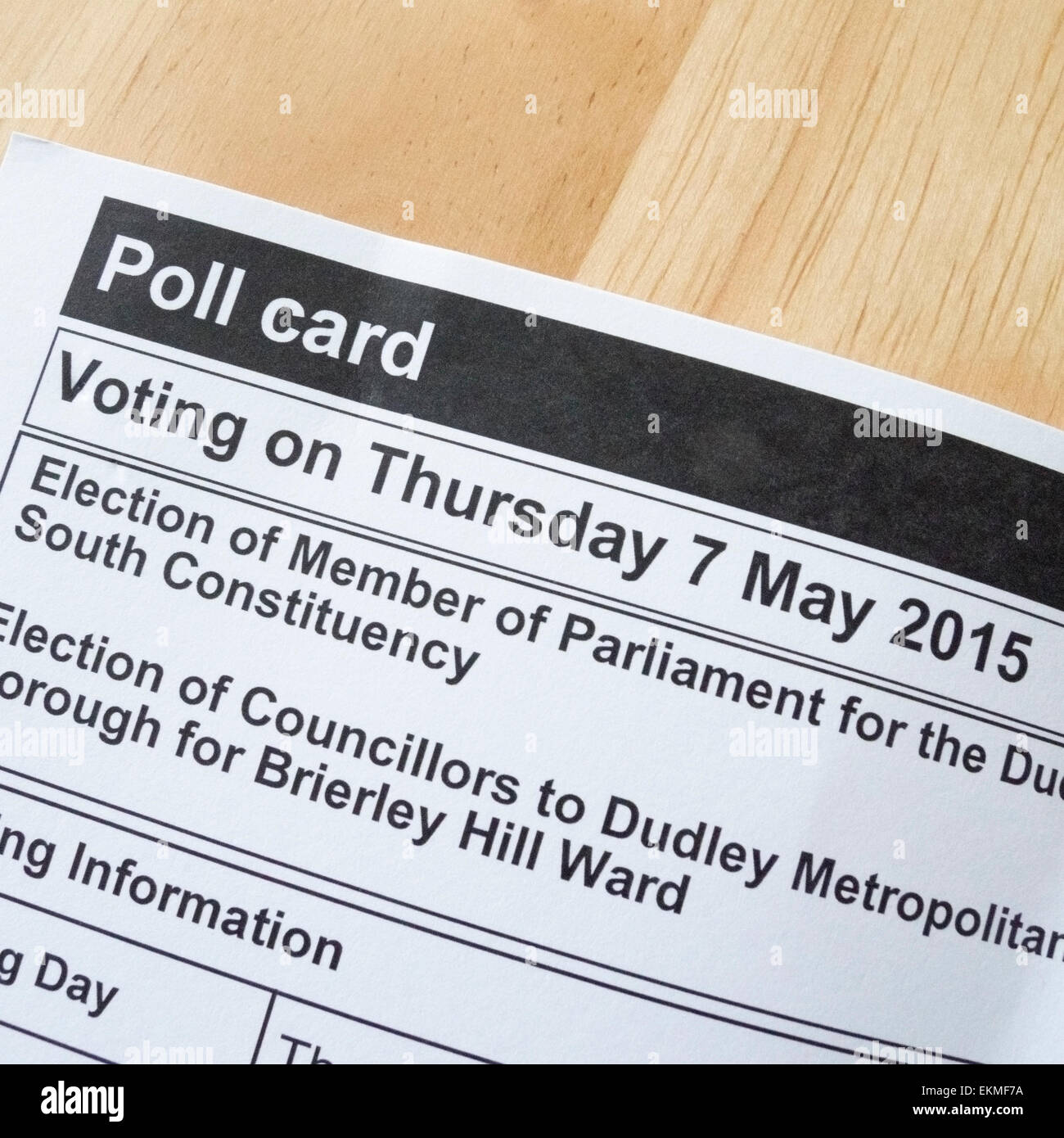 Poll Card for the UK General Election 2015 Dudley South Constituency Stock Photo
