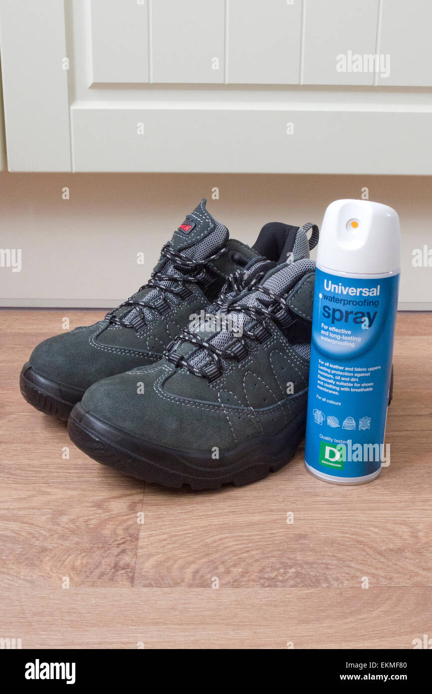 Walking Boots With A Can of Waterproofing Spray, UK Stock Photo Alamy