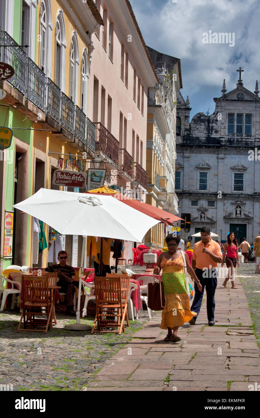 Salvador de Bahia, Brazil, Largo do Cruziero do Sao Francisco, sidewalk Cafe, artisan shops Stock Photo