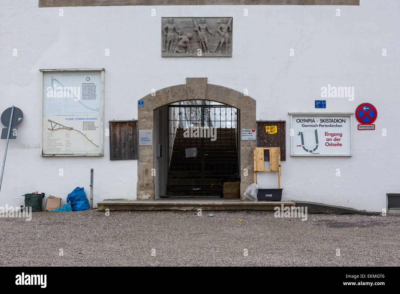 The untidy entrance of the Ski Jump stadium at the site of the 1936 Winter Olympics at Garmisch-Partenkirchen Stock Photo