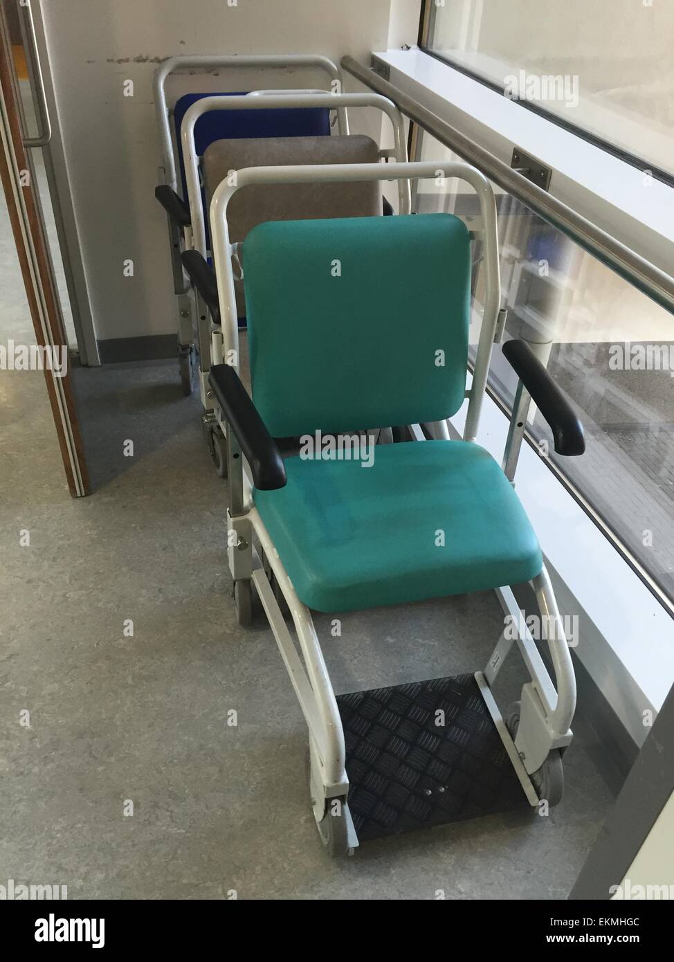 Hospital Wheelchairs for use in and around a NHS hospital site Stock