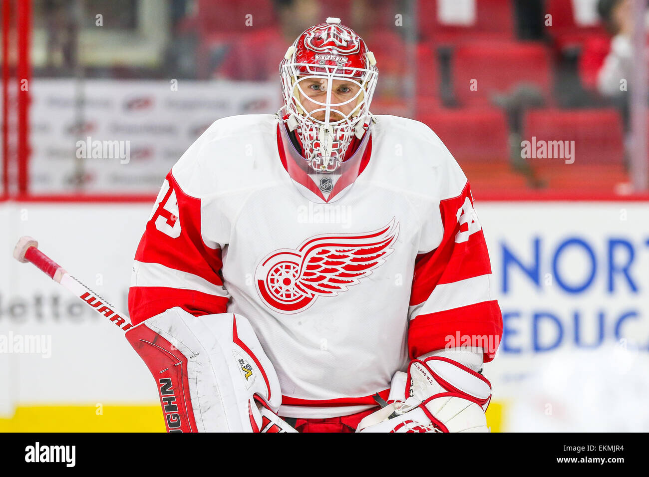 Detroit Red Wings goalie Jimmy Howard (35) during the NHL game between the Detroit Red Wings and the Carolina Hurricanes at the PNC Arena. The Red Wings defeated the Carolina Hurricanes 2-0. Stock Photo