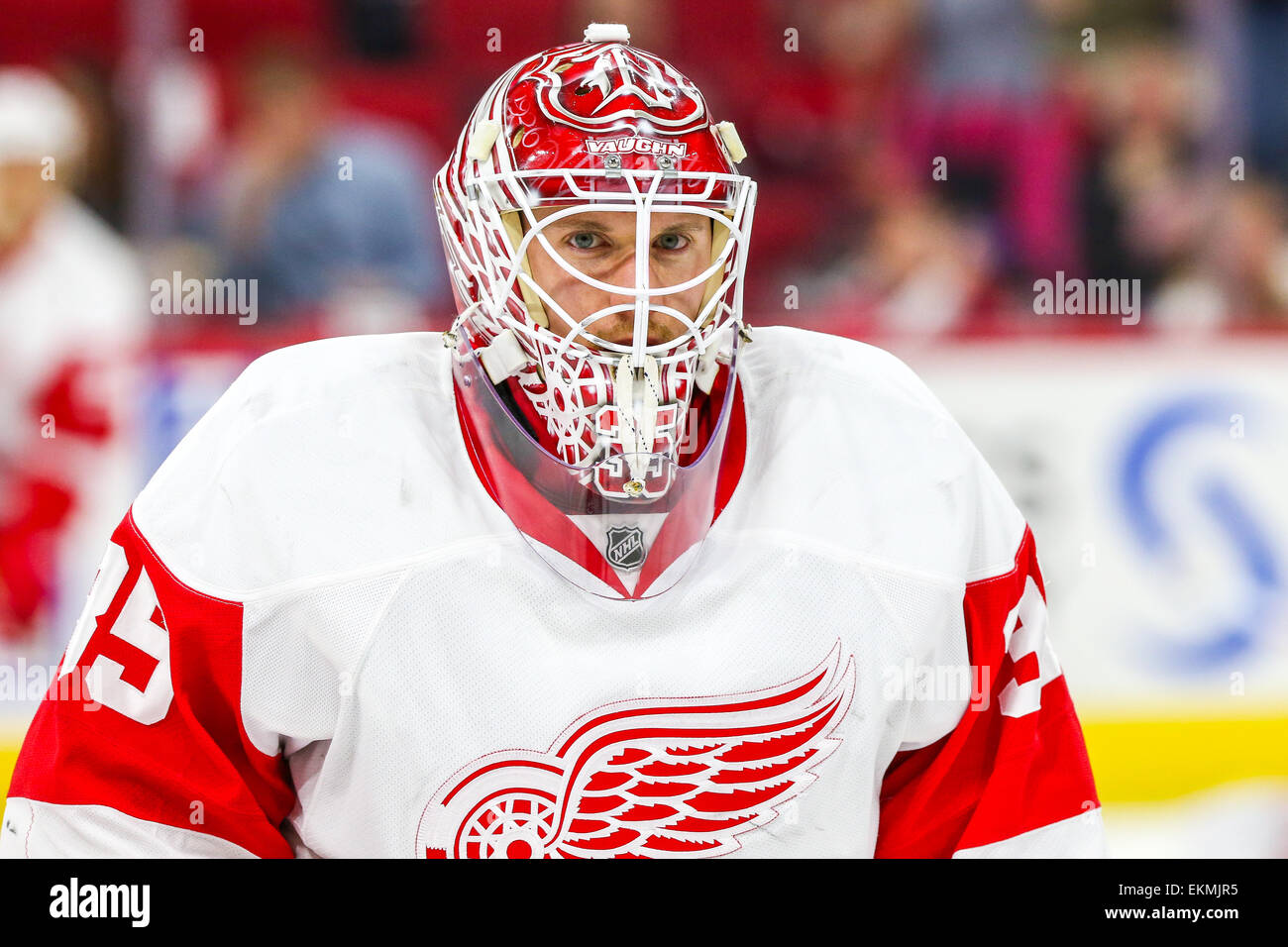 Detroit Red Wings goalie Jimmy Howard (35) during the NHL game between the Detroit Red Wings and the Carolina Hurricanes at the PNC Arena. The Red Wings defeated the Carolina Hurricanes 2-0. Stock Photo