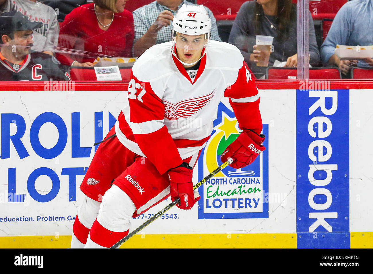 Raleigh, North Carolina, USA. 11th Apr, 2015. Detroit Red Wings defenseman Alexei Marchenko (47) during the NHL game between the Detroit Red Wings and the Carolina Hurricanes at the PNC Arena. The Red Wings defeated the Carolina Hurricanes 2-0. © Andy Martin Jr./ZUMA Wire/Alamy Live News Stock Photo