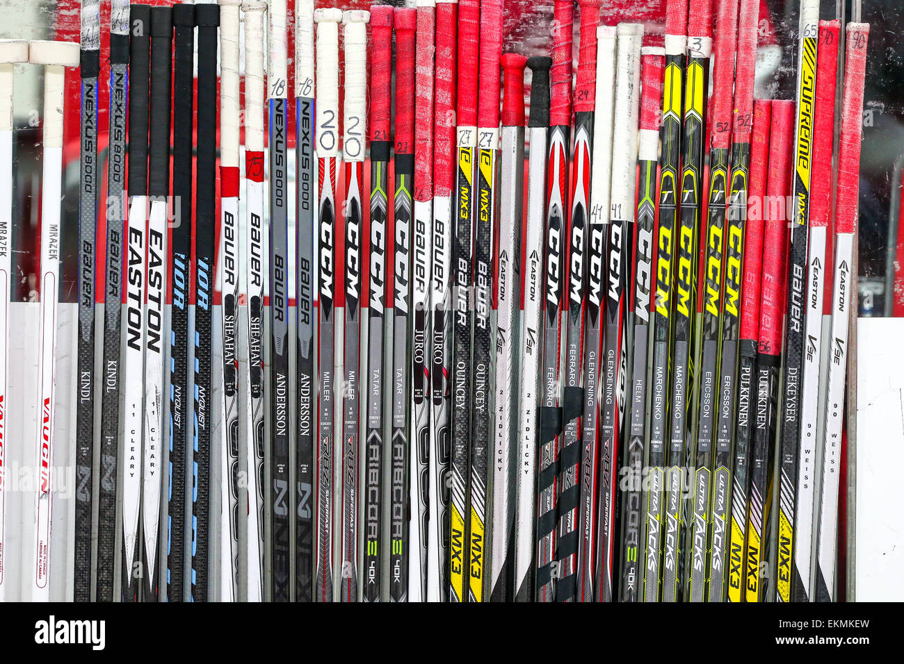 Detroit Red Wings Hockey Sticks On The Bench During The Nhl Game