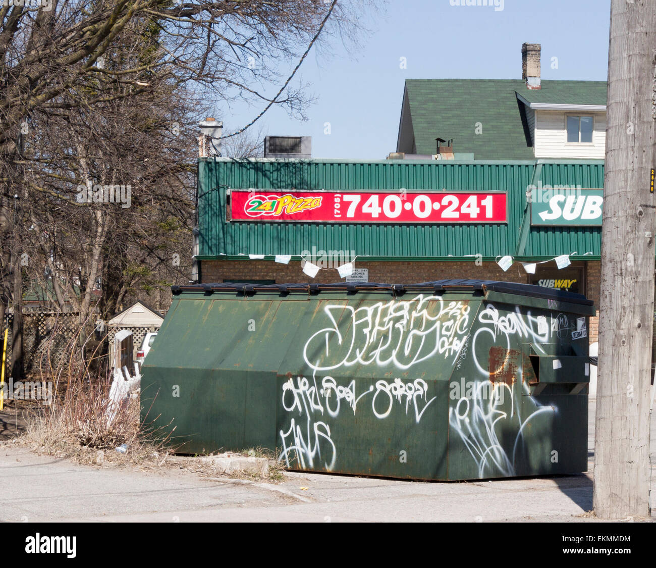 Graffiti on the side of a commercial garbage container behind a pizza and subway shop. Stock Photo