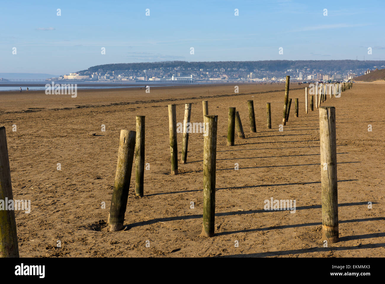 Wooden posts to mark out area for wind powered activities on Weston-super-Mare beach, North Somerset Stock Photo
