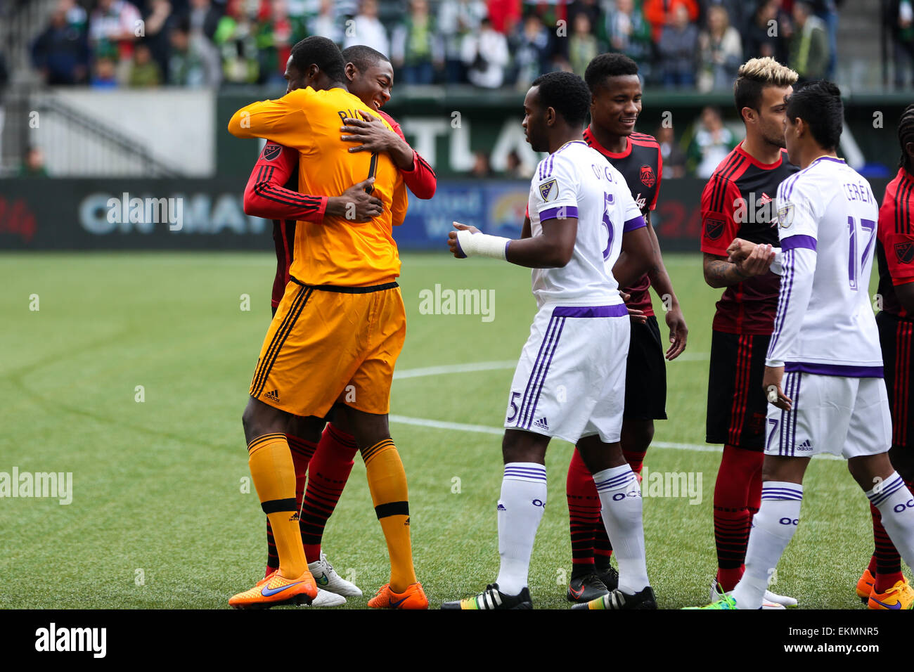 Portland, Oregon, USA. 12th April, 2015. Former Timbers keeper DONOVAN RICKETTS (1) embraces
