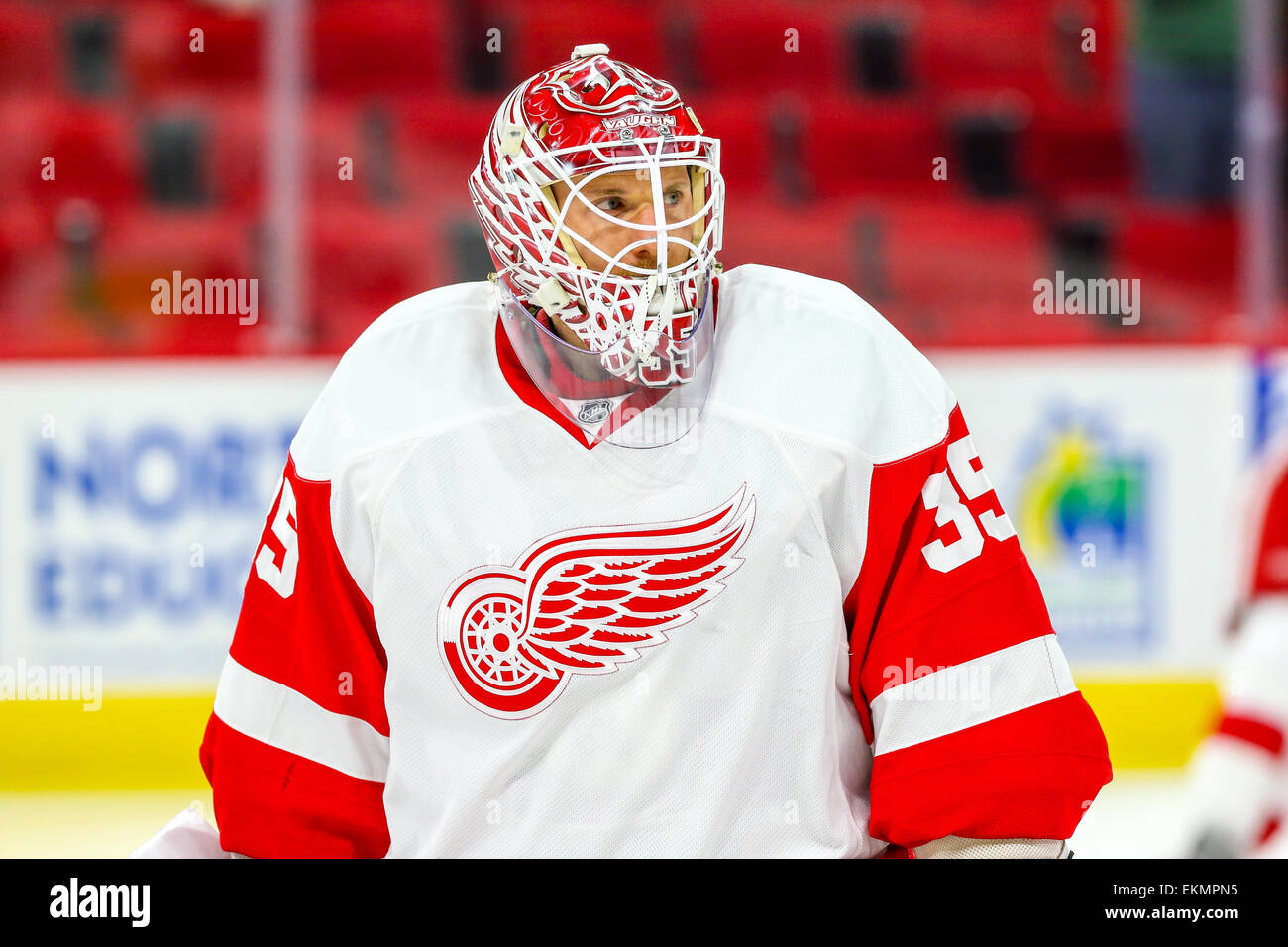 Detroit Red Wings goalie Jimmy Howard (35) during the NHL game between the Detroit Red Wings and the Carolina Hurricanes at the PNC Arena. The Detroit Red Wings defeated the Carolina Hurricanes 3-1. Stock Photo