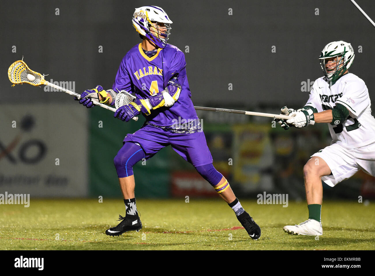 April 11, 2015 Albany Great Danes attackman Lyle Thompson (4) controls