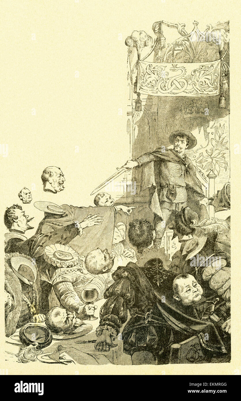 In 1812, the Grimm brothers, Jacob and Wilhelm, published Children and Household Tales, a collection German fairy tales. This illustration accompanied the tale 'The King of the Golden Mountain.' Here the boy turned king—Heinel—is back at the Gold Mountain and with the magic sword he got form the giants has cut off the heads of all who oppose him and htink he is not the rightful king. This image is from Grimms Eventyr (Grimm's Fairy Tales) by Carl Ewald, published in 1922. The frontispiece has the illustrations by Philip Grot Johann and R. Leinweber. Johann was a well-known German illustrator a Stock Photo