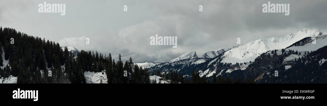 lower tree line of the snow covered Alps mountin  with more snow clouds with varying coverage Stock Photo