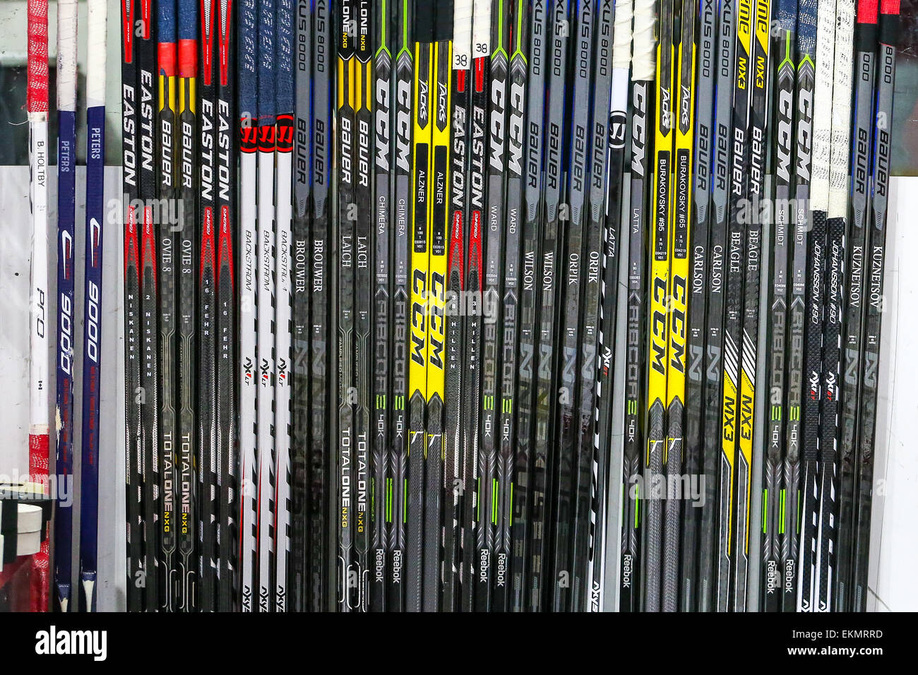 Washington Capitals hockey sticks during the NHL game between the Washington Capitals and the Carolina Hurricanes at the PNC Arena. The Washington Capitals defeated the Carolina Hurricanes 2-1. Stock Photo